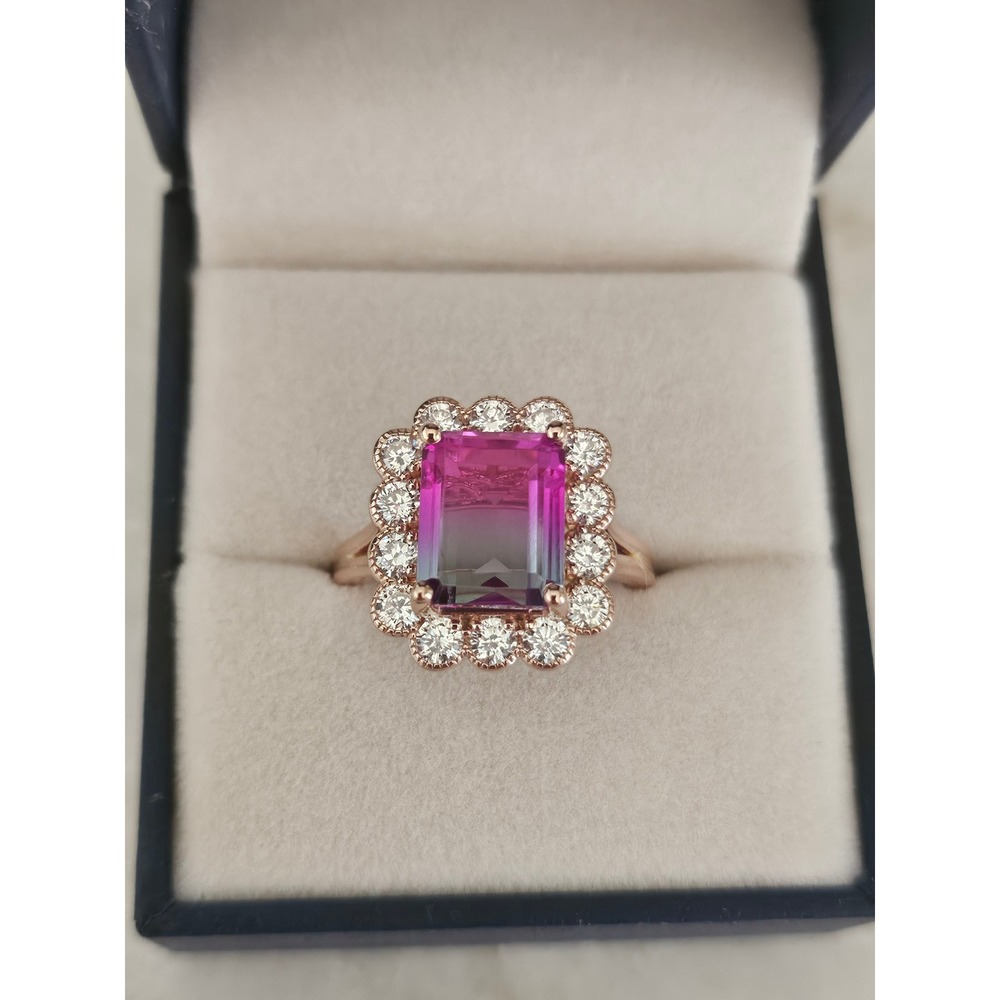 Watermelon Tourmaline‎ Ring, Sterling Silver, Lab Diamonds, Size 7